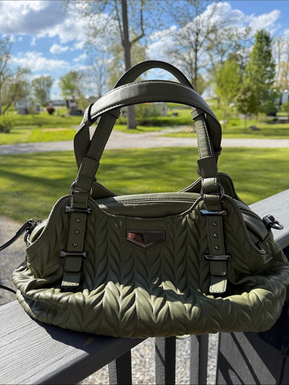 Simply Vera Vera Wang Olive Quilted Satchel with Buckle Straps like NEW